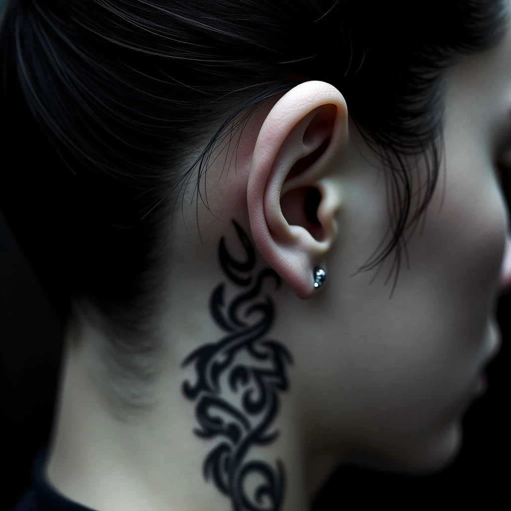 Geometric Traditional Tattoos Behind the Ear: Blue & Green Designs