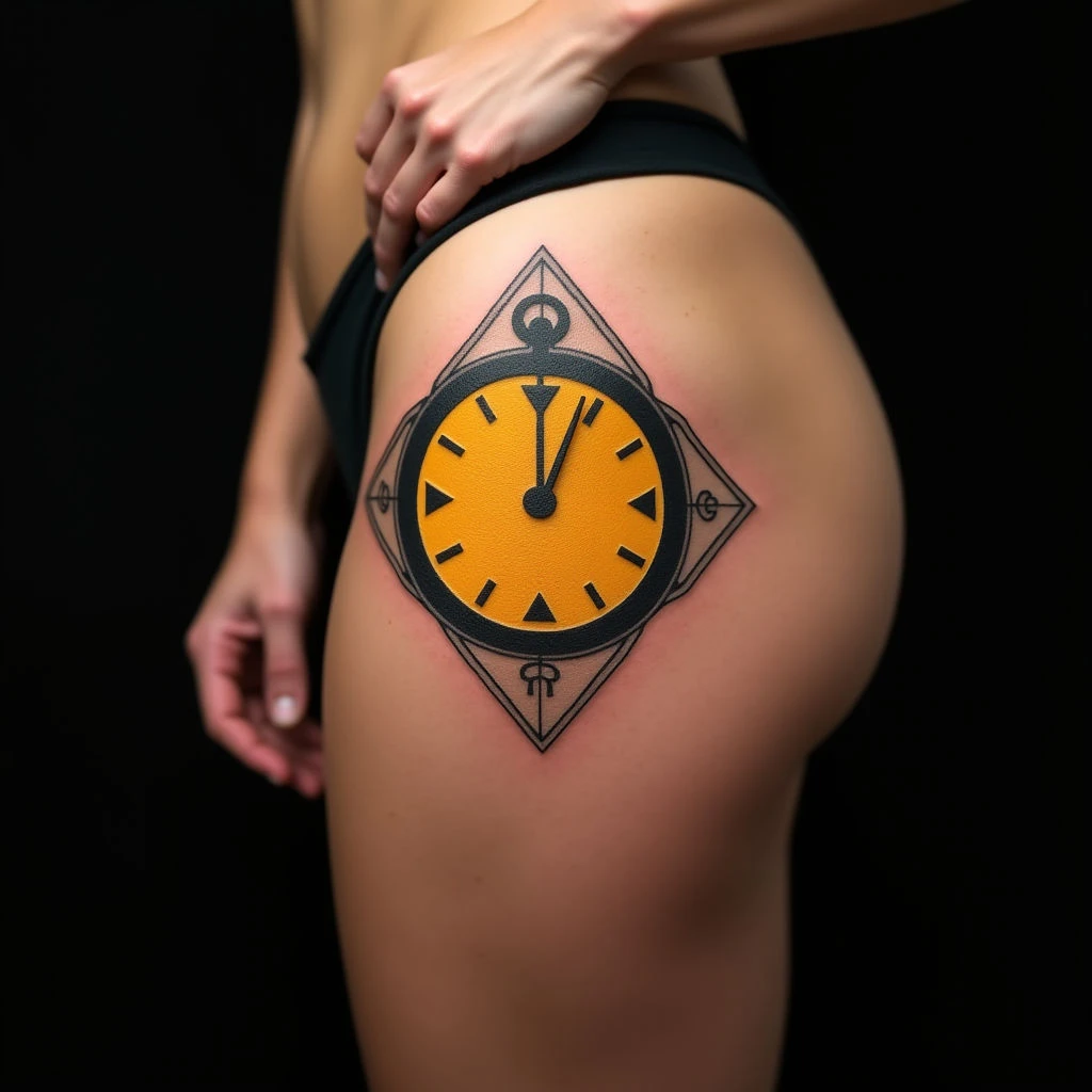 Striking Geometric Birth Clock Tattoos for Men's Thighs