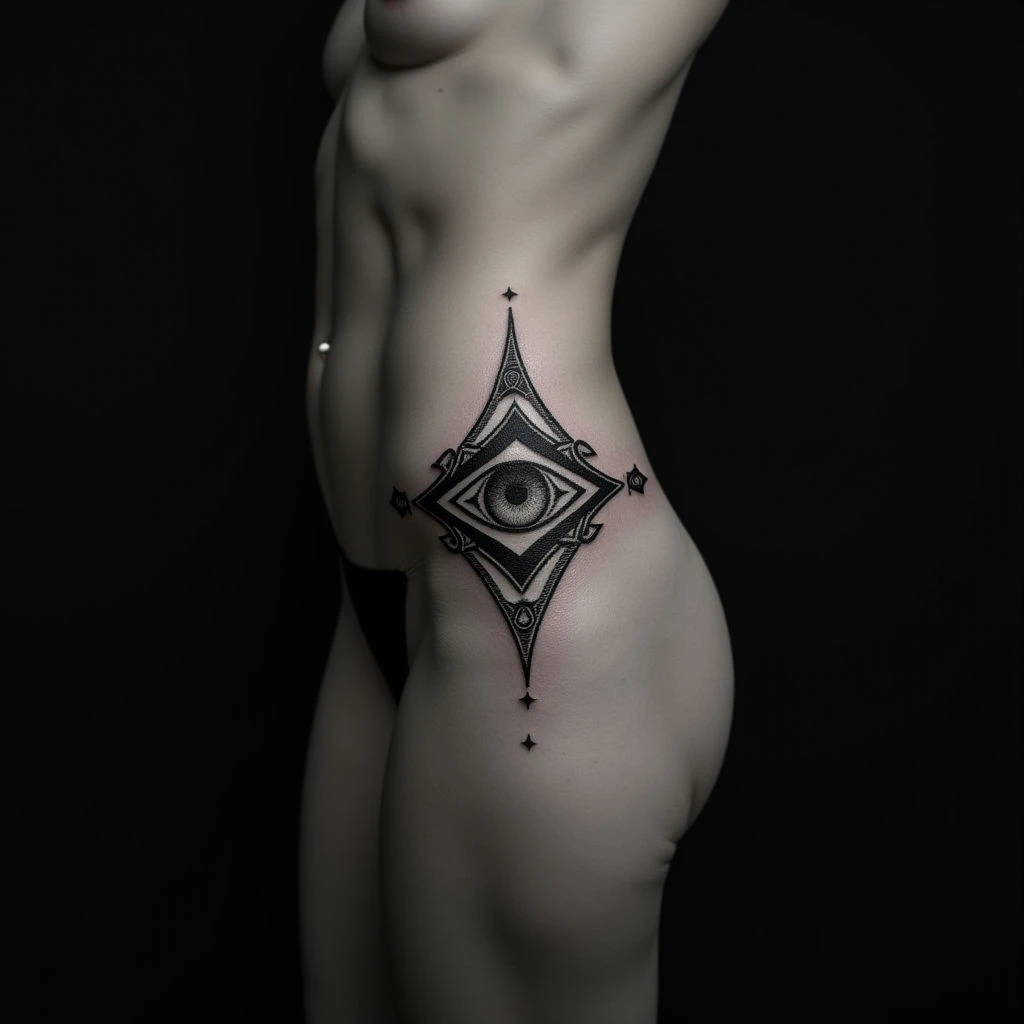 Striking Evil Eye Hip Tattoo in Blackwork Grayscale