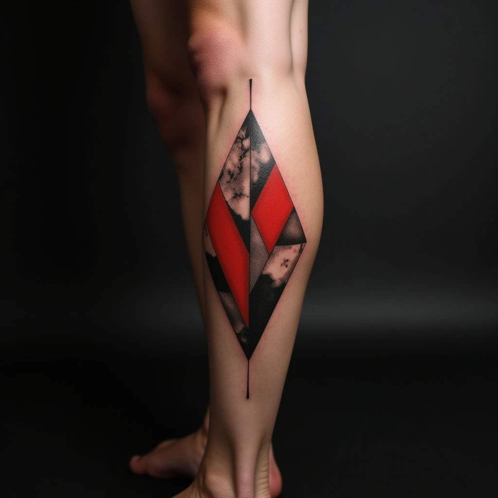 Geometric Calf Tattoos: Discreet Beauty in Black, Red & Grey