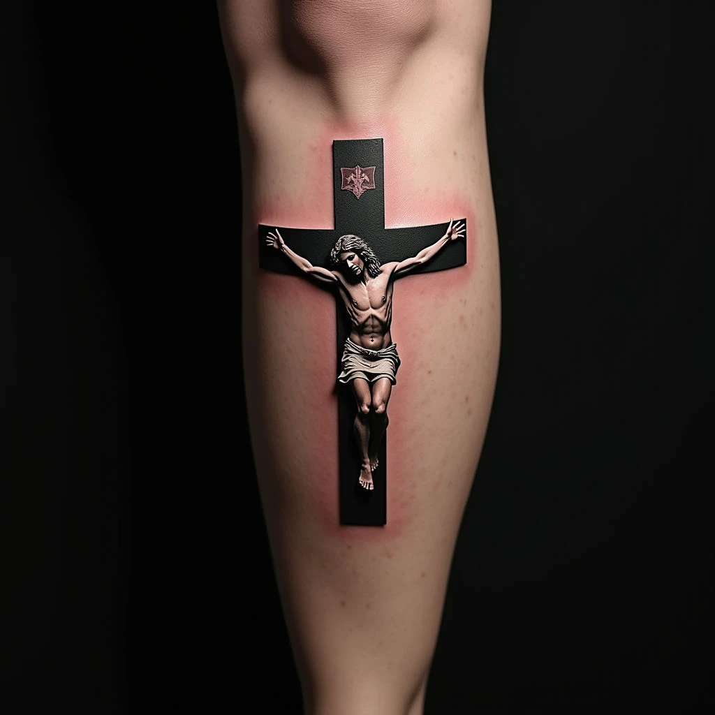 Striking Geometric Christian Tattoos for Women on the Calf