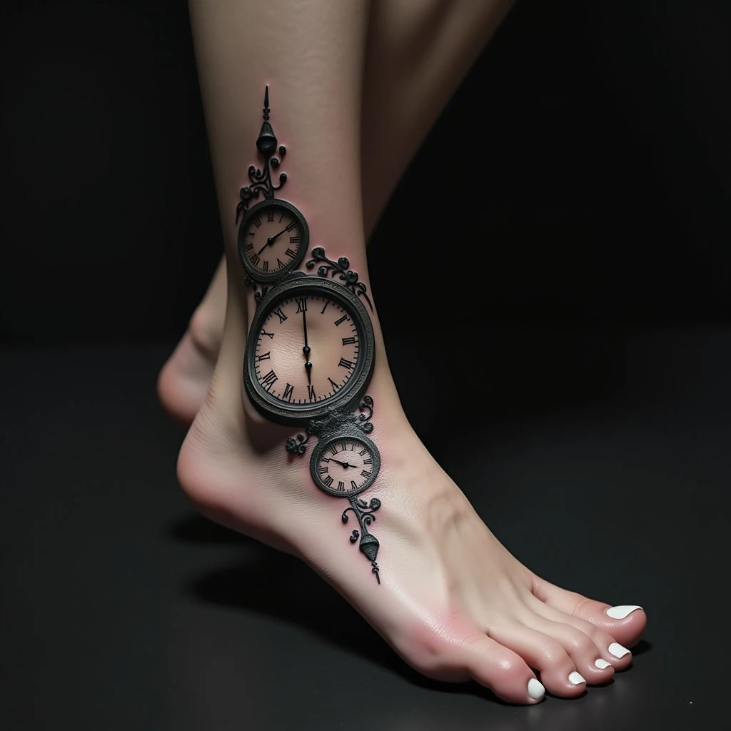 Clockwork Foot Tattoos: Time & Geometric Precision