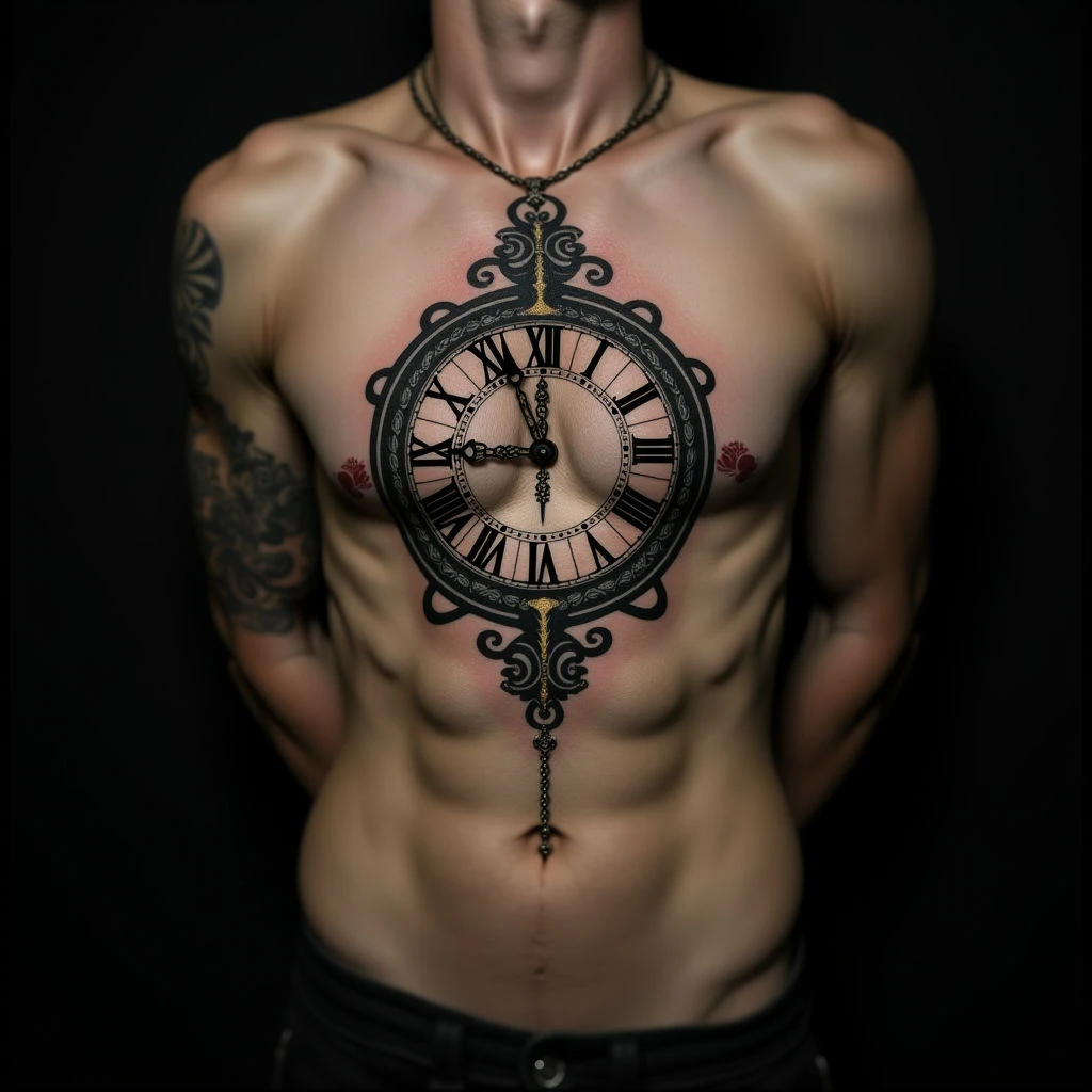 Intricate Clock Tattoo Design: Micro-Realism on Ribcage