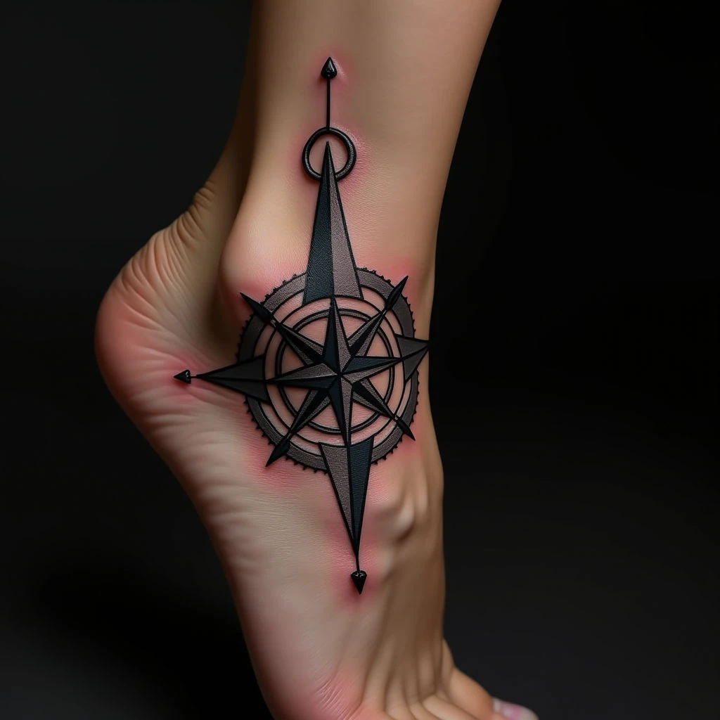 Compass Tattoo Sleeve Design for Your Foot - Blue & Black Ornamental Style