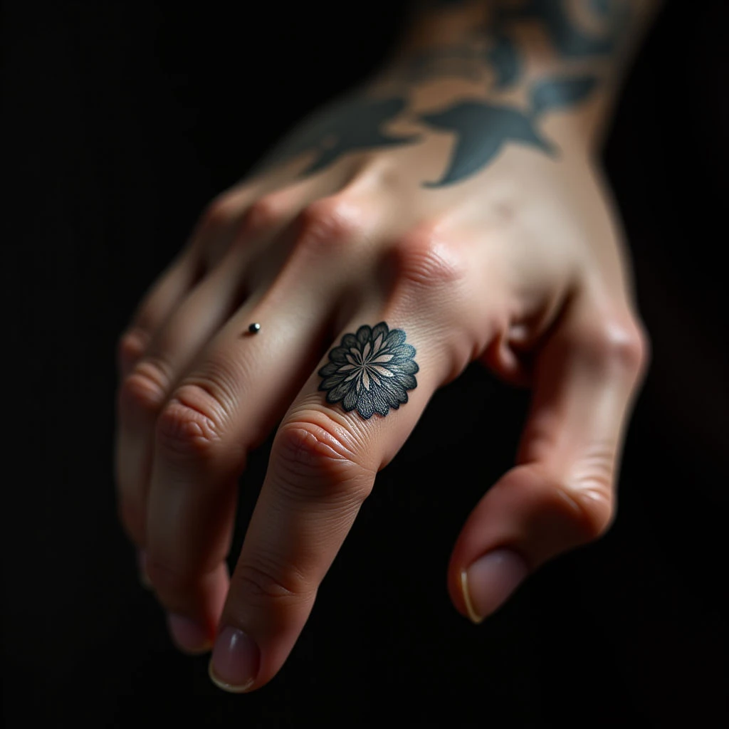 Elegant Geometric Finger Tattoos in Black & Grey Calligraphy