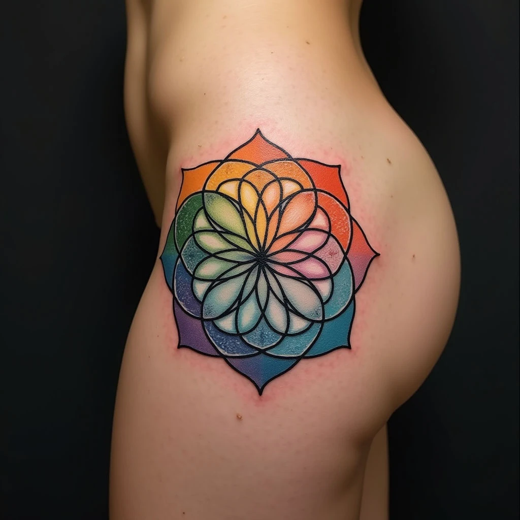 Geometric Flower of Life Tattoo on Thigh