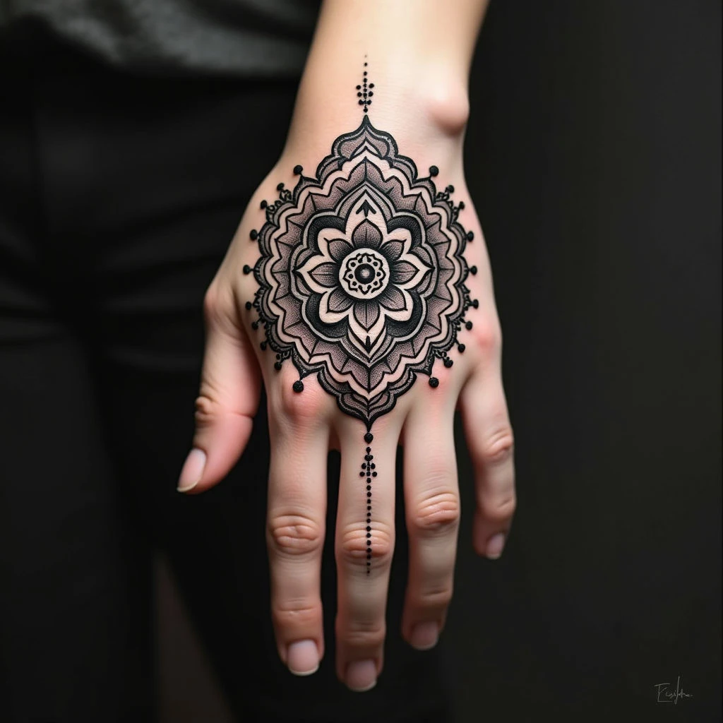 Intricate Geometric Hand Tattoo Design