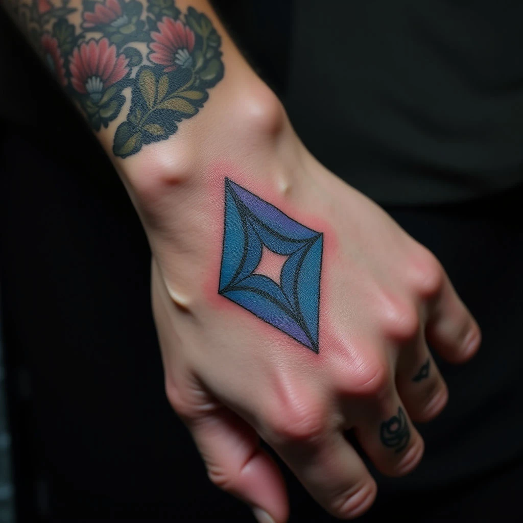 Matching Geometric Hand Tattoos for Friends - Blue & Purple Designs