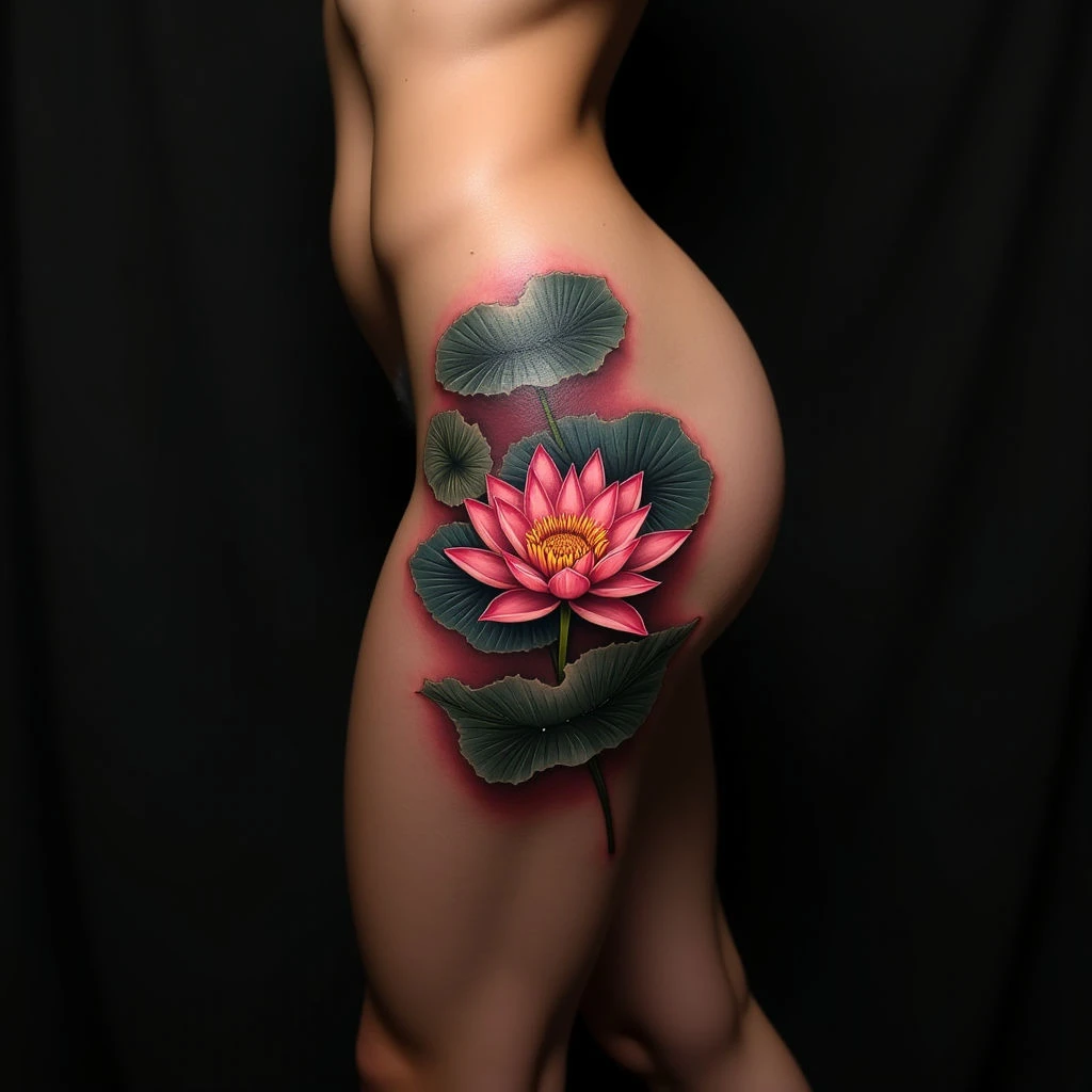 Neon Japanese Water Lily Tattoos: Thigh Inspiration