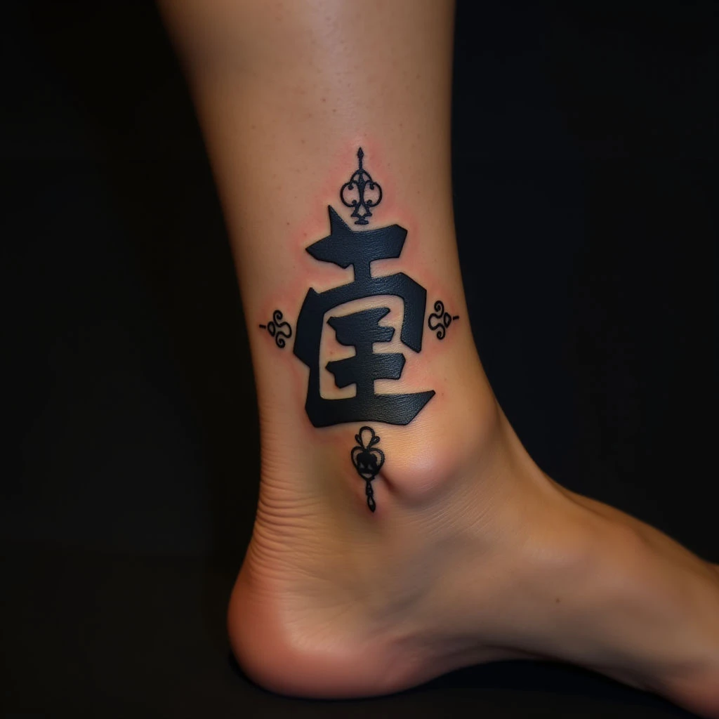 Geometric Kanji Tattoos on Ankle: Blue & Gold Inspiration