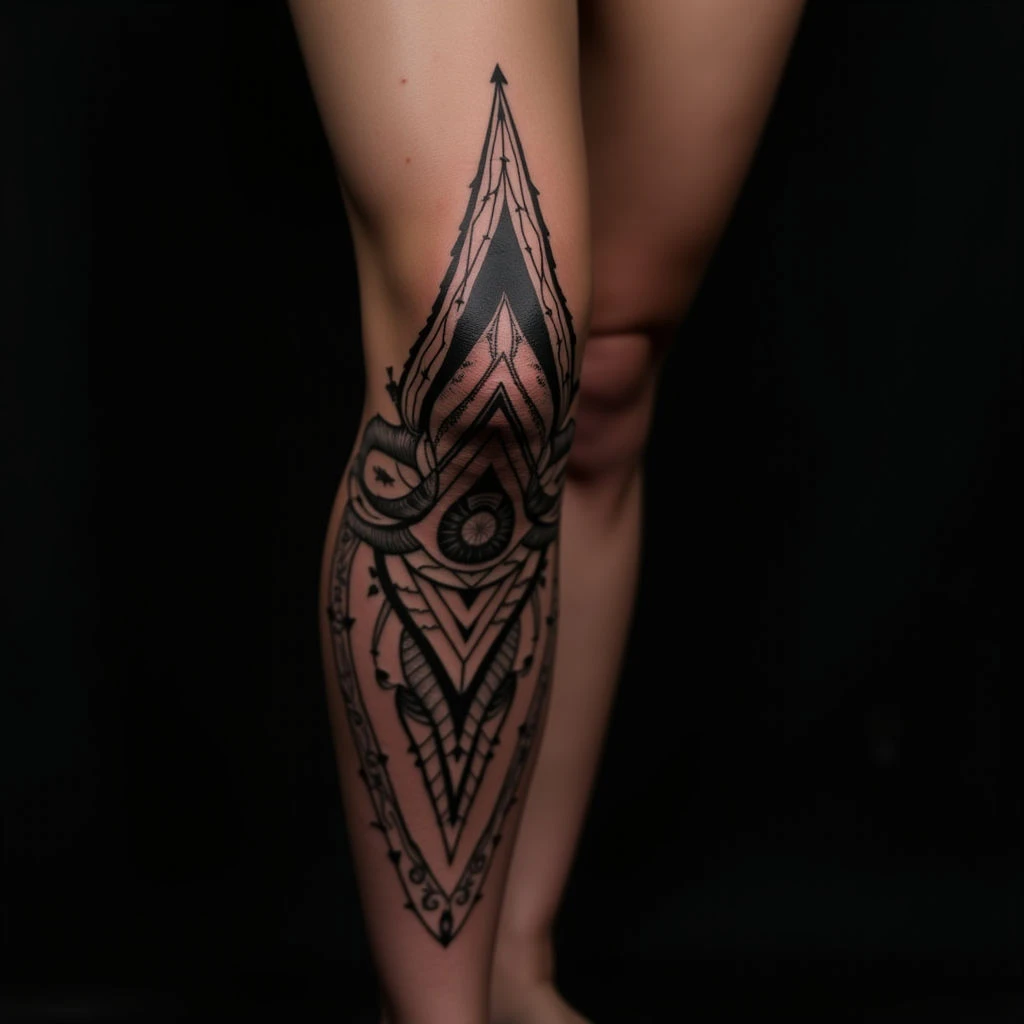 Unique Geometric Leg Tattoos for Women: Bold Blackwork & Neon Accents