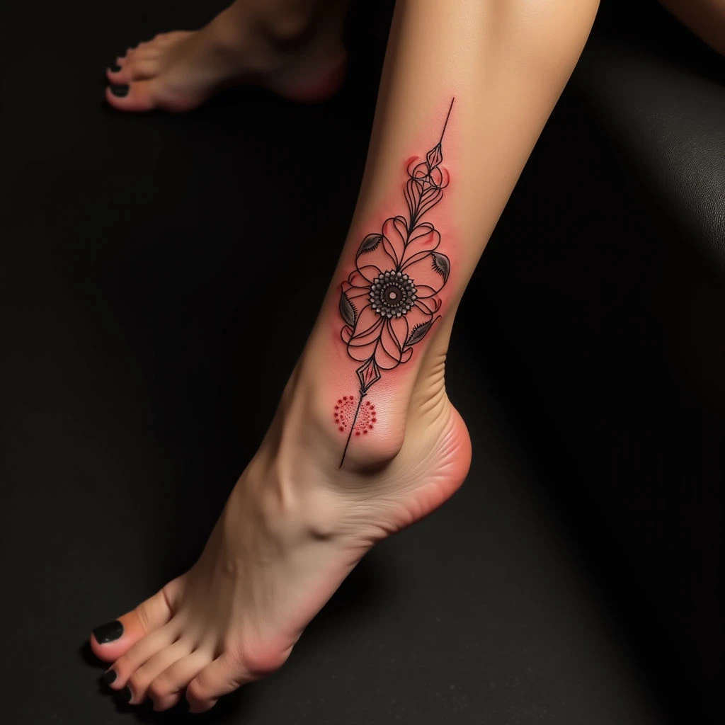 Small Red & Black Linework Foot Tattoos for Women