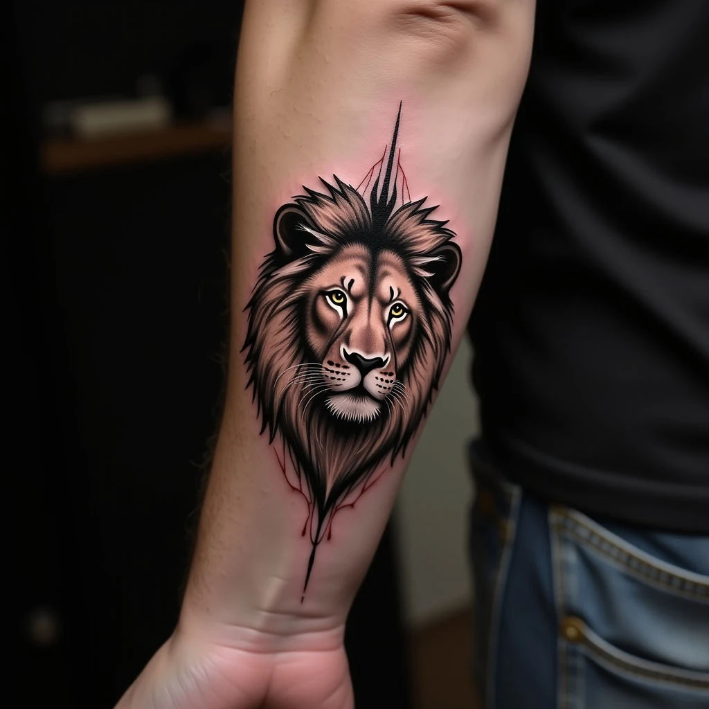 Striking Lion Forearm Tattoos: Fine Line Geometric Designs