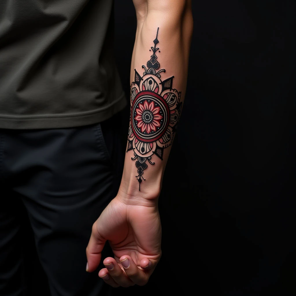 Bold Red Mandala Back Tattoos for Men: Unique Geometric Designs