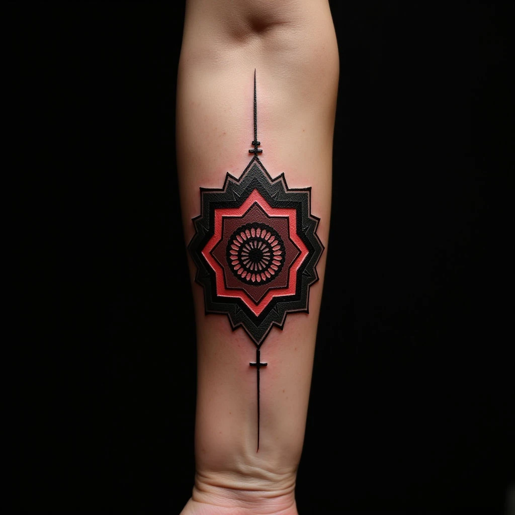 Striking Black and Red Mandala Forearm Tattoos for Men