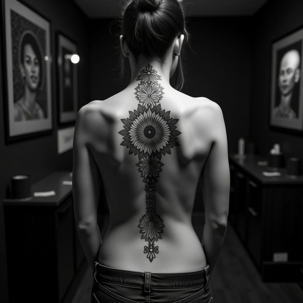 Majestic Monochrome Mandala Tattoo on Spine - Studio Design Inspiration
