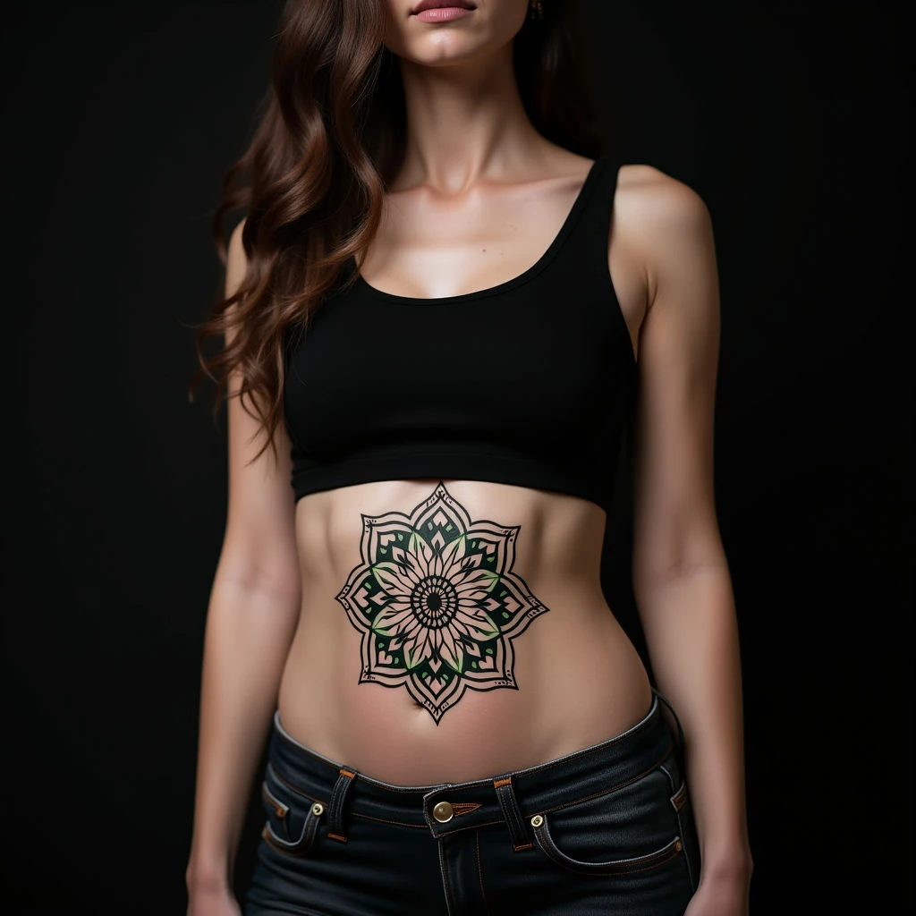 Green and Black Mandala Tattoo for Girls - Stomach Placement