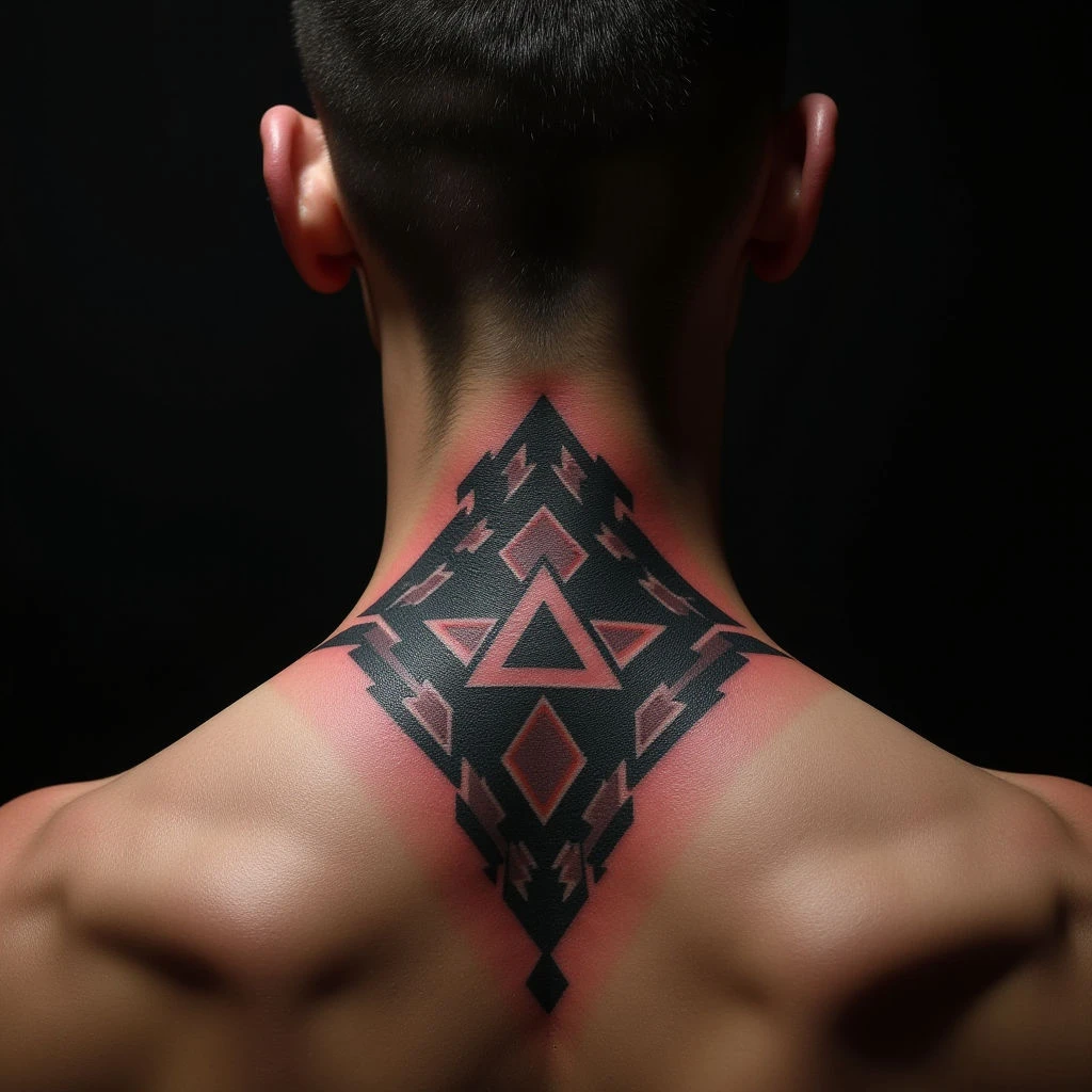 Easy Geometric Neck Tattoos for Men | Black & Red Design