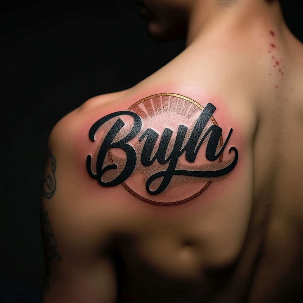 Geometric Ocean Lettering Tattoo on Shoulder - Black & Gold Design