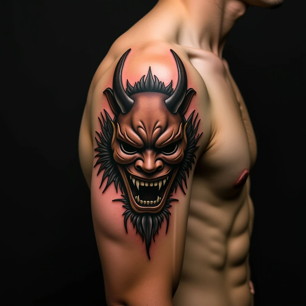 Geometric Oni Mask Tattoos: Fierce Designs & Meaning