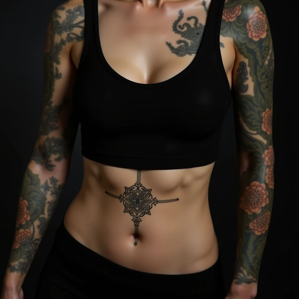 Oriental Geometric Sleeve Tattoos for Women: Green & Black Designs