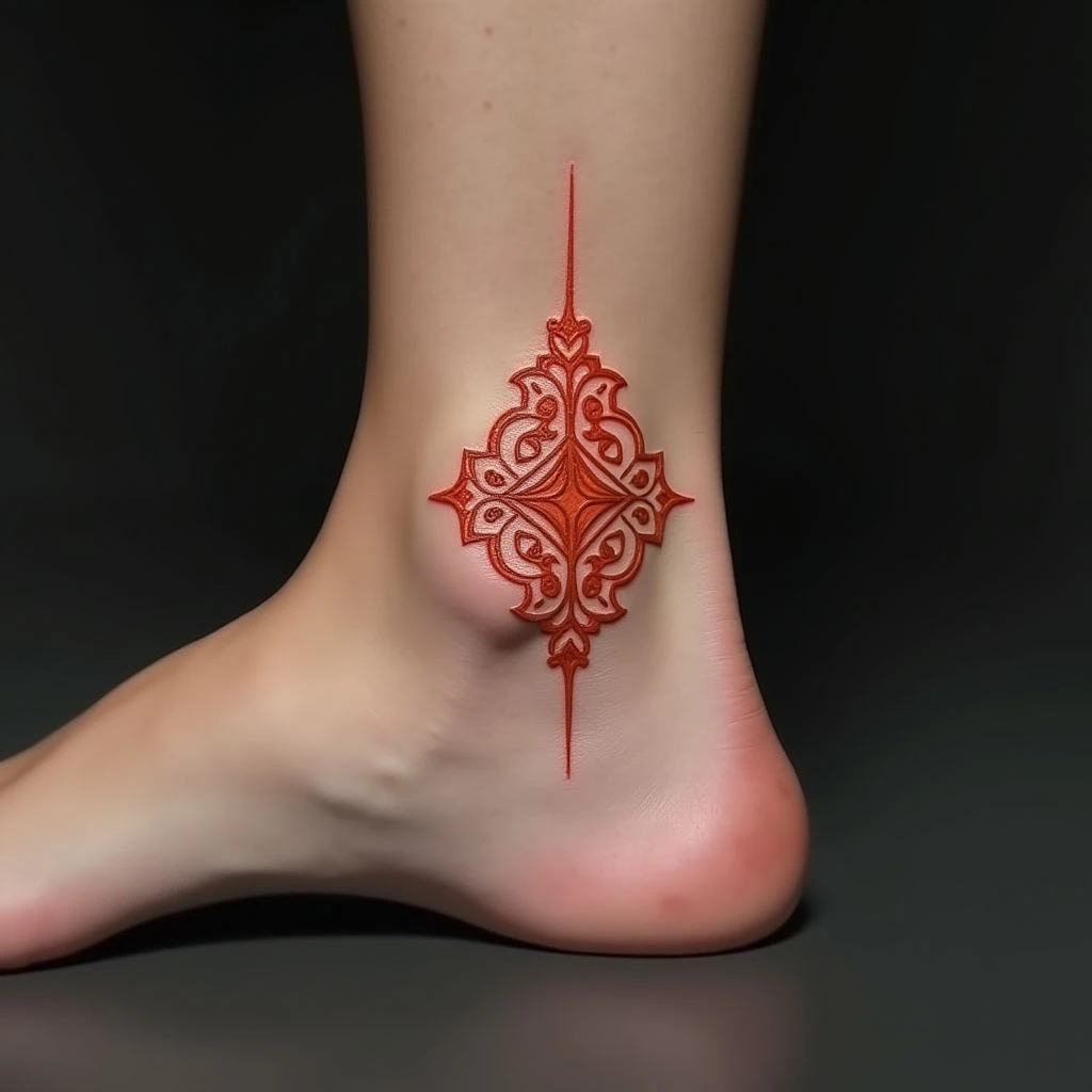 Small Ornamental Ankle Tattoos: Red & Orange Geometric Designs