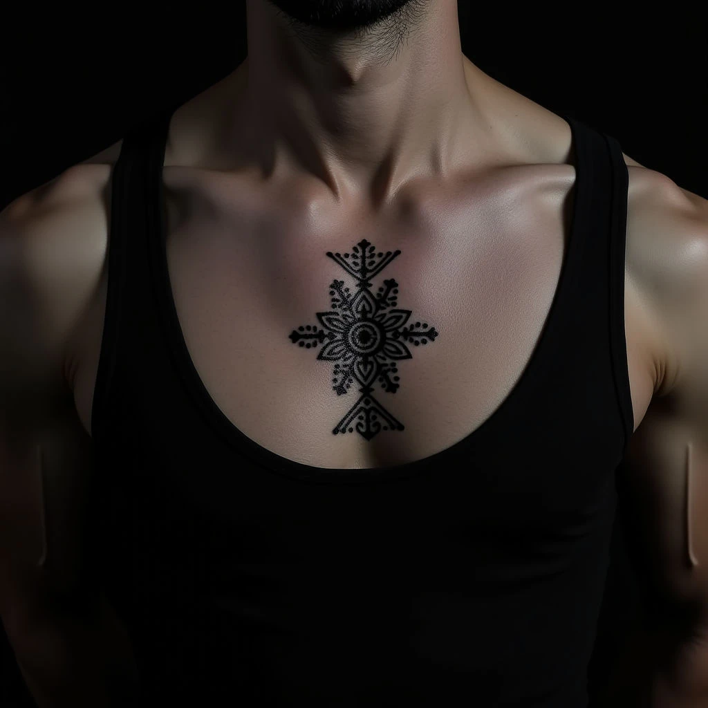 Male Ring Tattoos: Geometric Chest Designs in Grey Dotwork