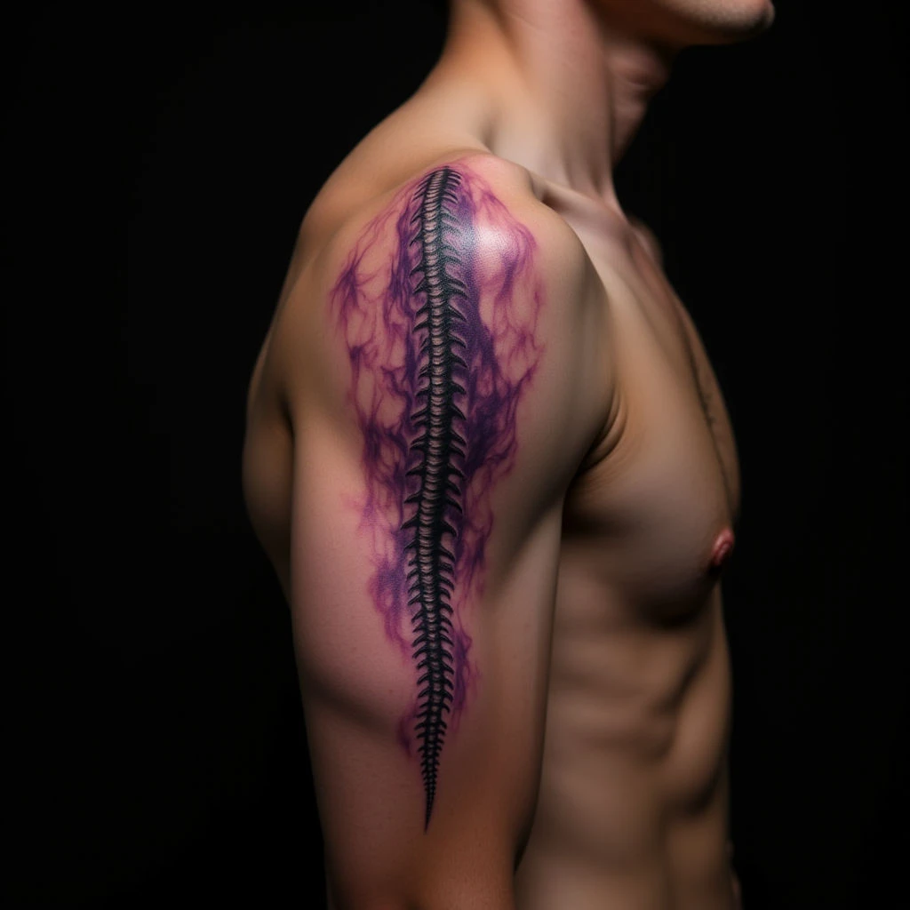 Geometric Spine Tattoos: Purple Black & Grey Designs