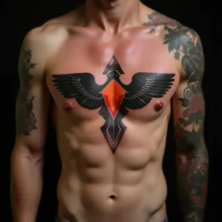 Subtle Geometric Sternum Tattoos in Black & Grey with Red-Orange Accents