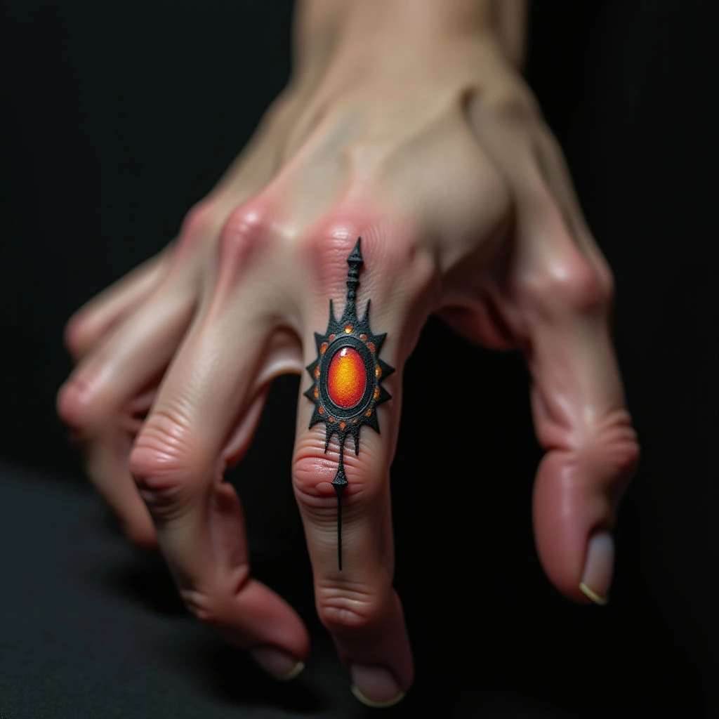 Surreal Geometric Finger Tattoos: Tiny Black, Red & Yellow Designs