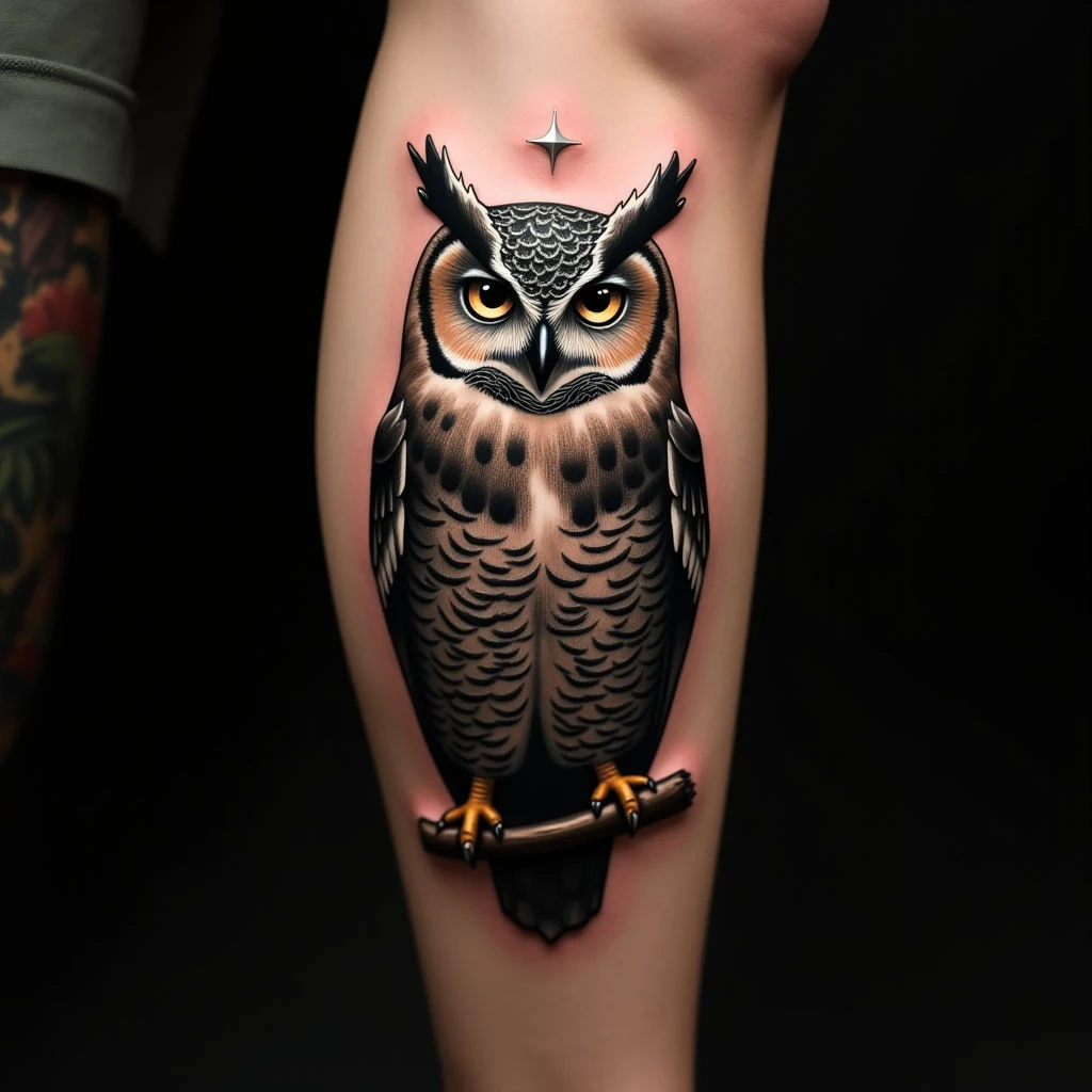 Surreal Geometric Owl Tattoo Ideas for Your Leg