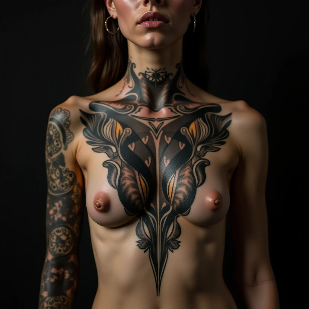 Surreal Geometric Sternum Tattoos for Women