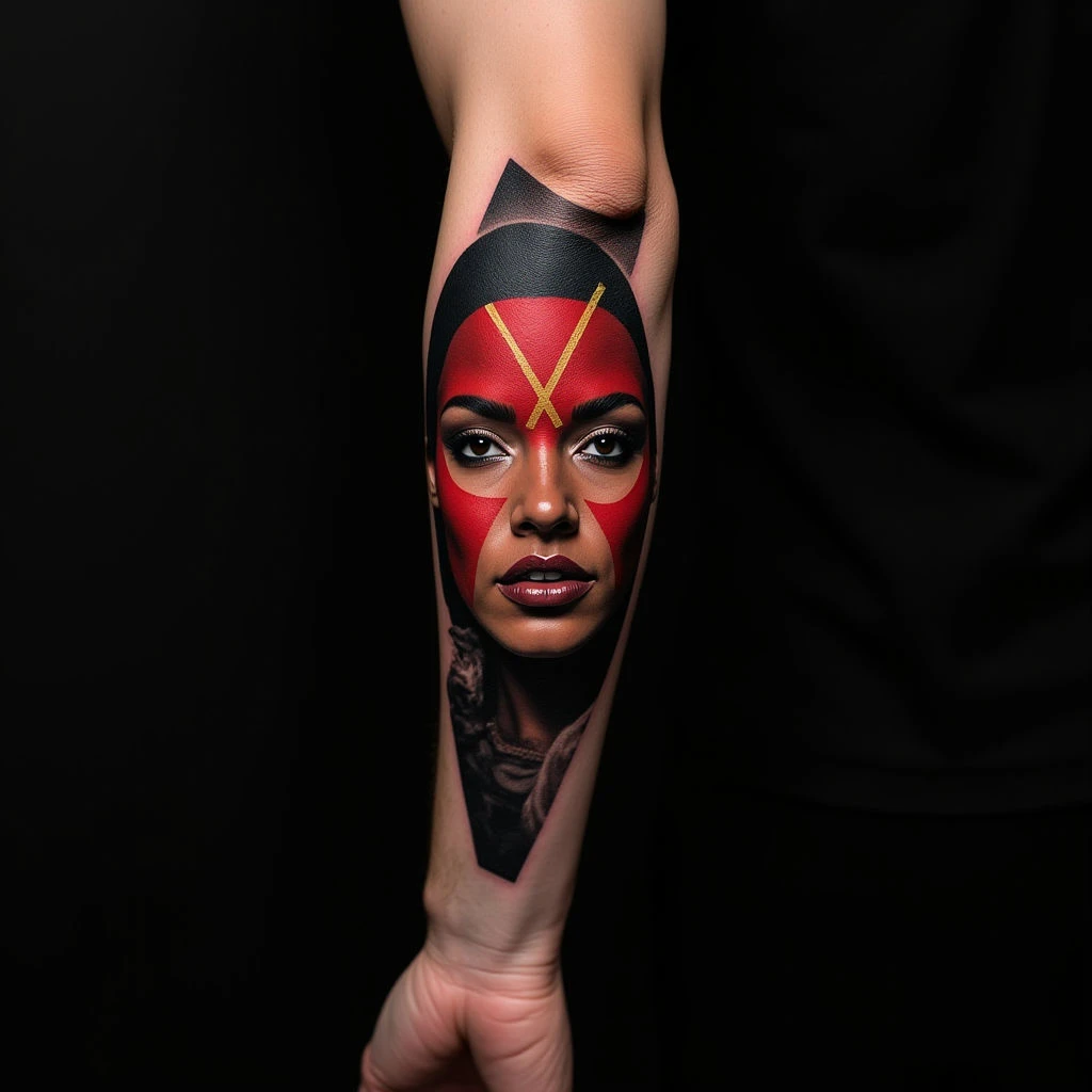 Bold Abstract Forearm Sleeve Tattoos in Black, Red & Gold