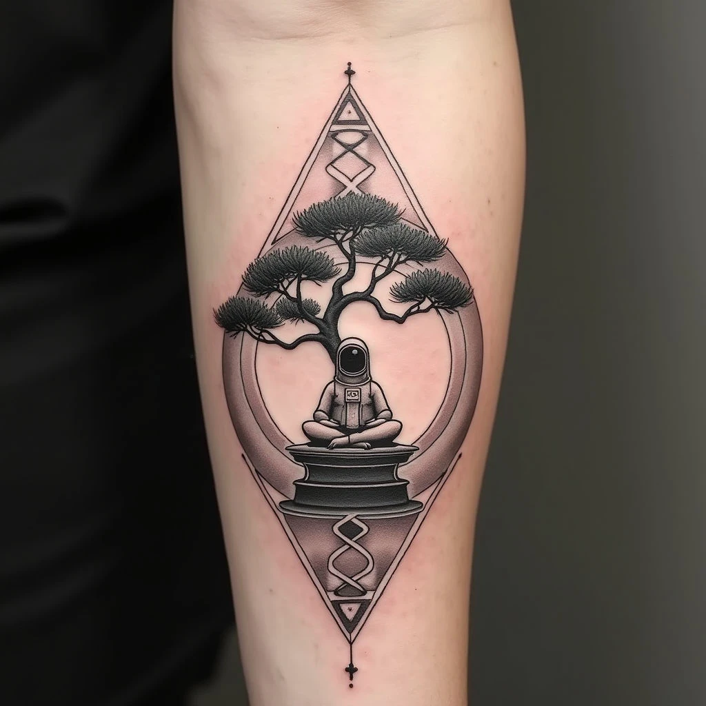 Intricate Geometric Tattoo: Astronaut, Tree & Meditation