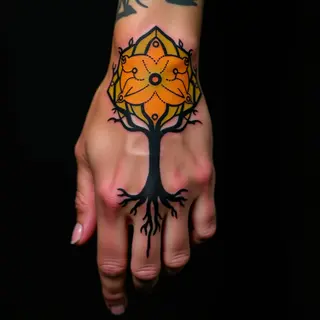 Geometric Life Tattoo: Biomechanical Hand Design in Yellow