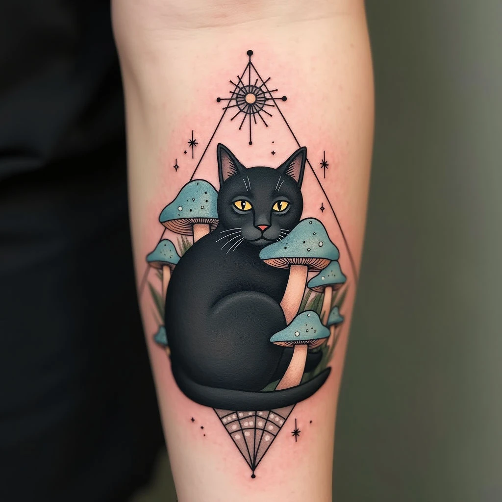 Geometric Cat and Mushroom Dreamscape Tattoo