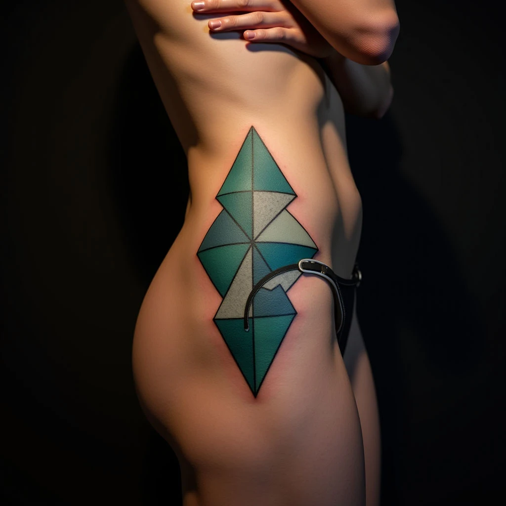 Hypnotic Hip Geometric Tattoos in Blue & Green Hues