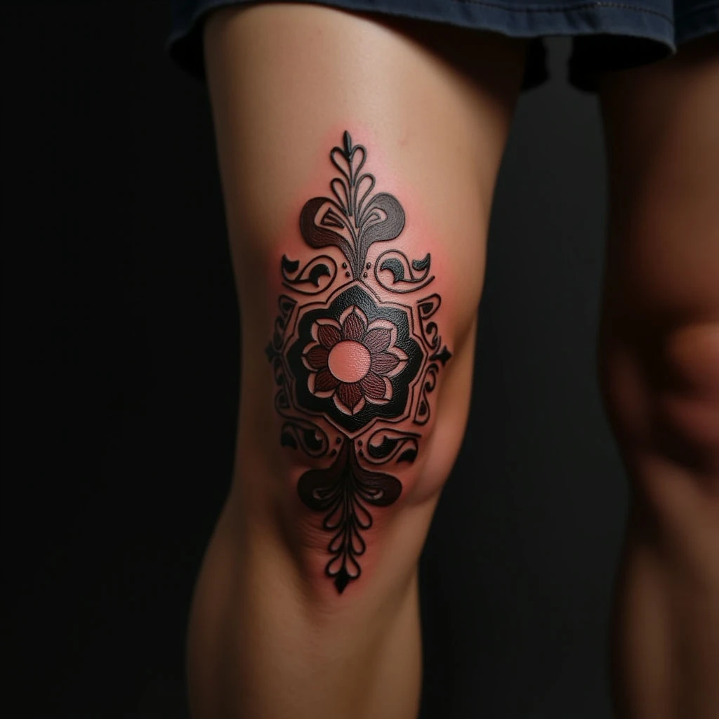 Geometric Knee Tattoo: Old School Brown-Red Inspiration