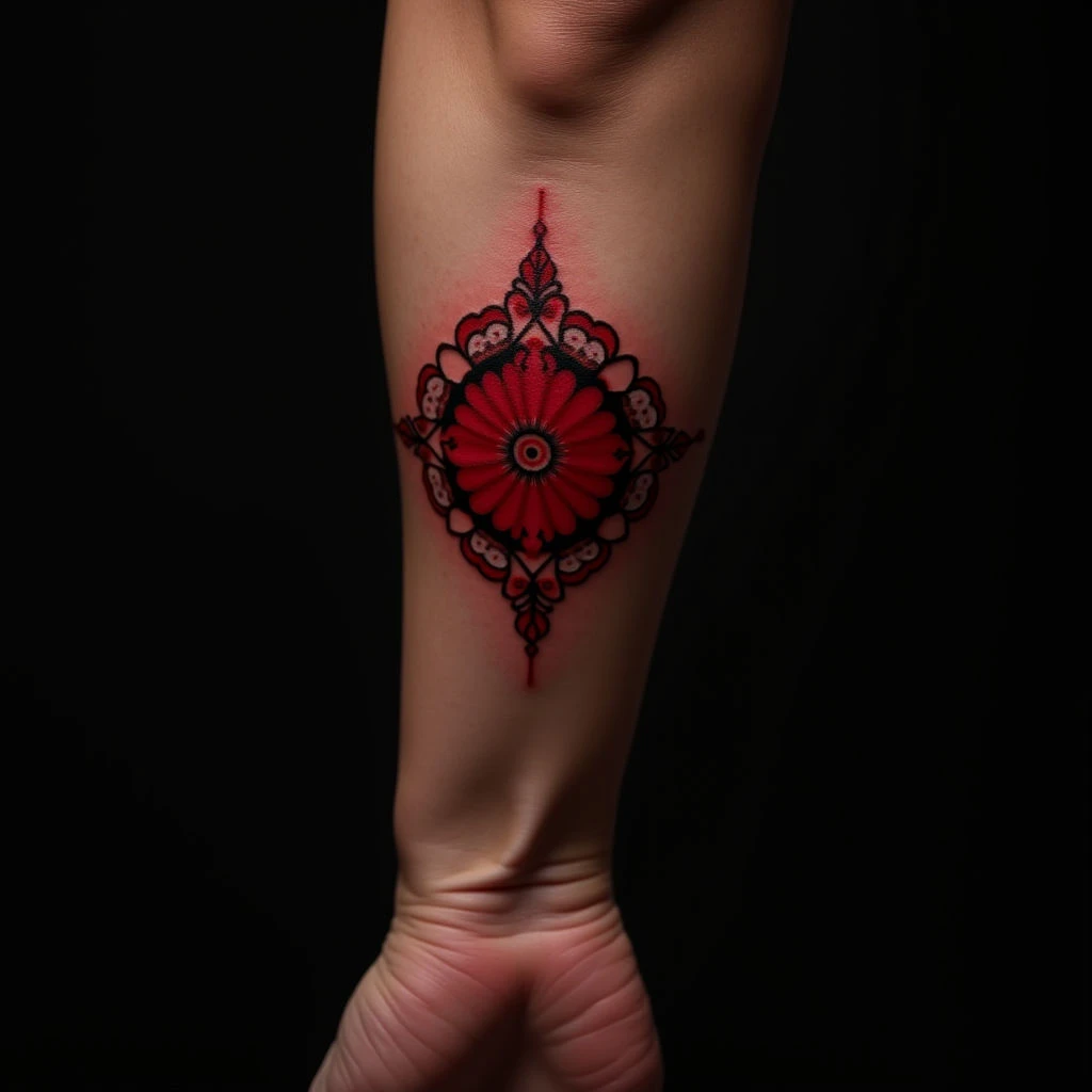 Bold XXL Ornamental Foot Tattoos in Red for Women