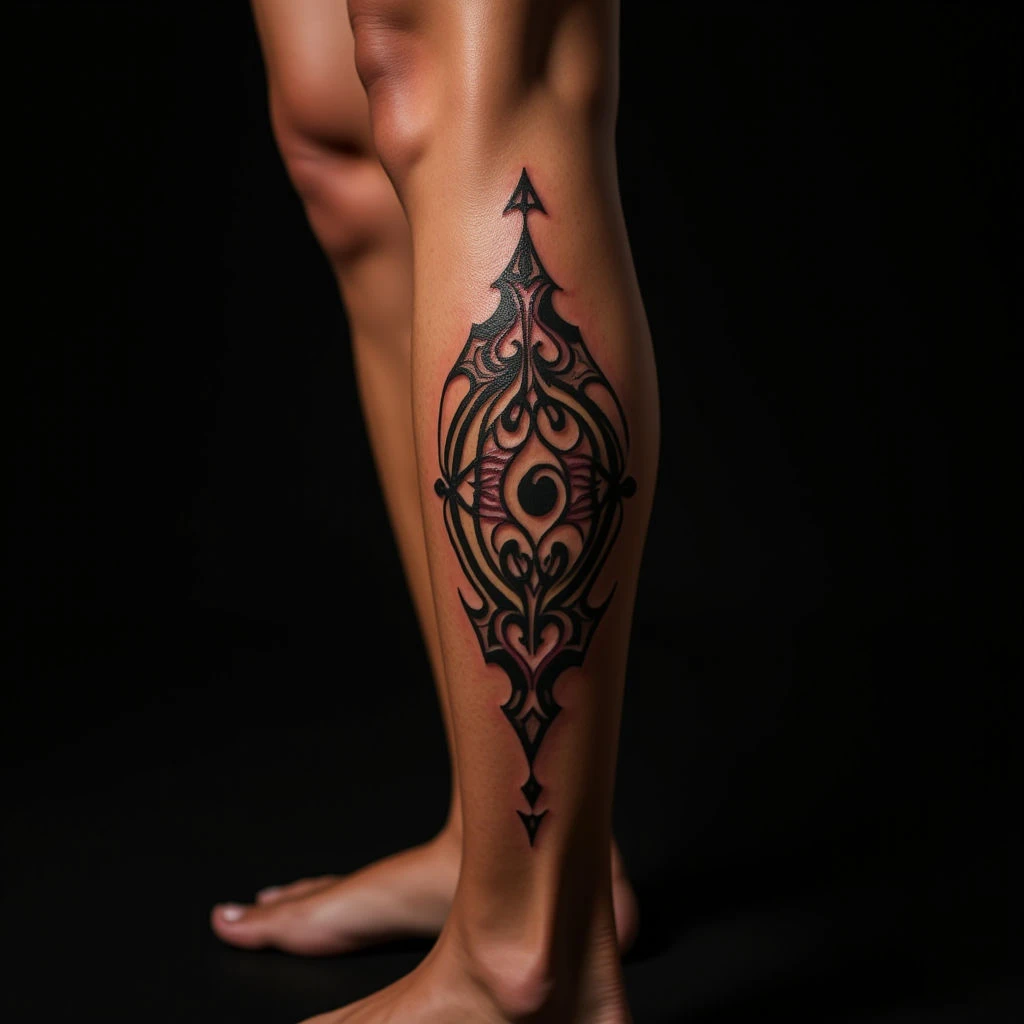 Bold Red Tribal Calf Tattoos for Women: Geometric Inspiration