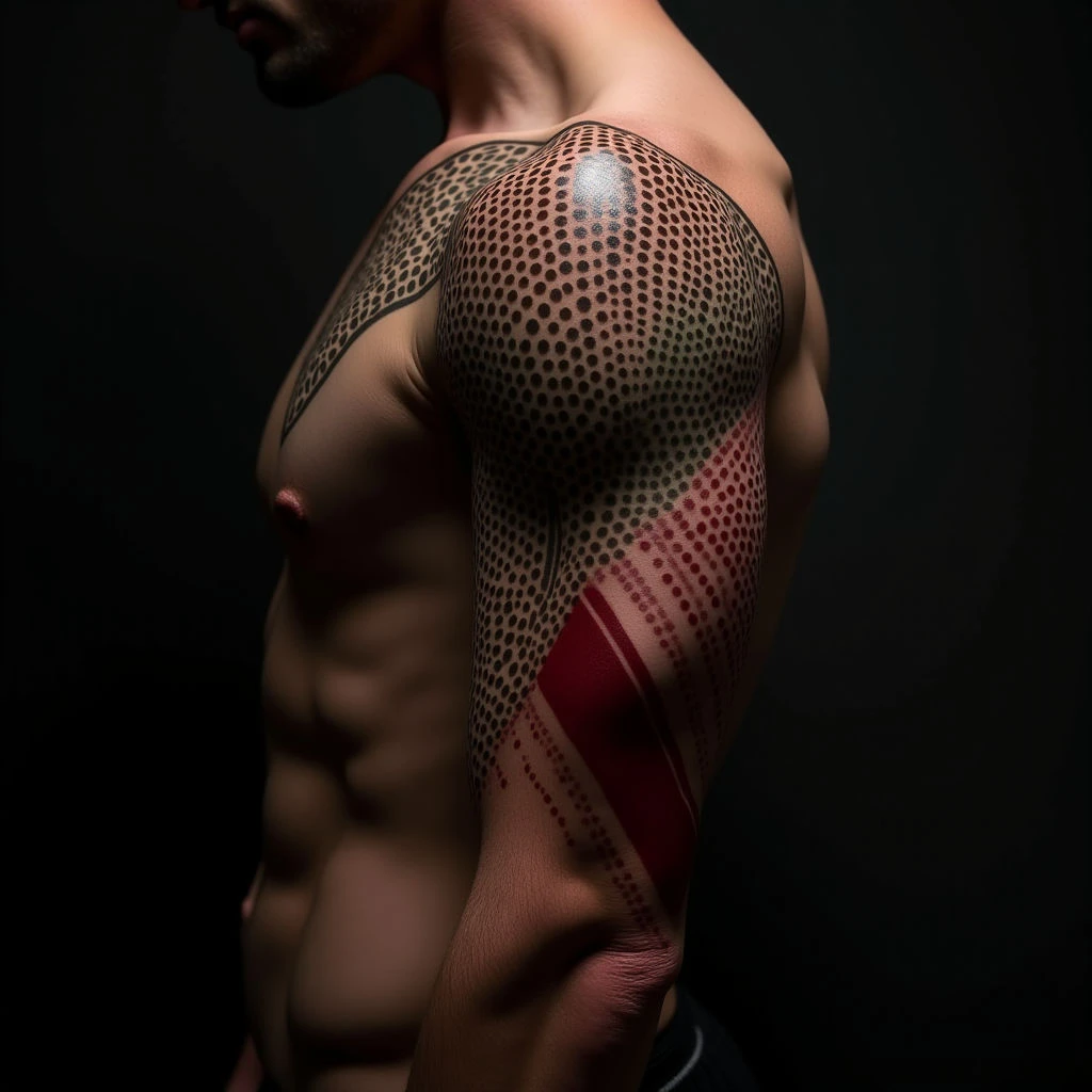 Striking Dotwork Geometric Tattoos for Men: Bold Designs in Black, Red & Green
