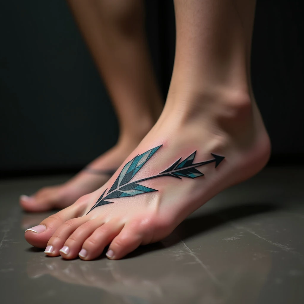 Bold Geometric Arrow Foot Tattoos: Abstract Designs in Black, Grey & Blue