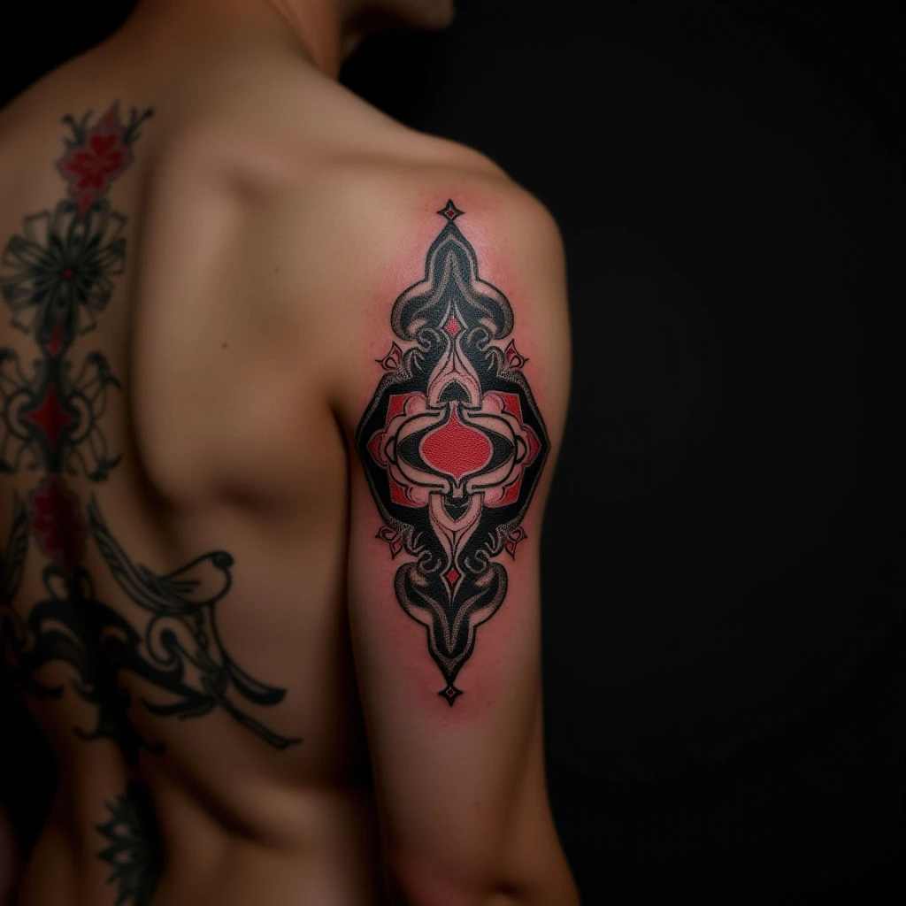 Subtle Back Geometric Tattoos in Blackwork & Red Accents