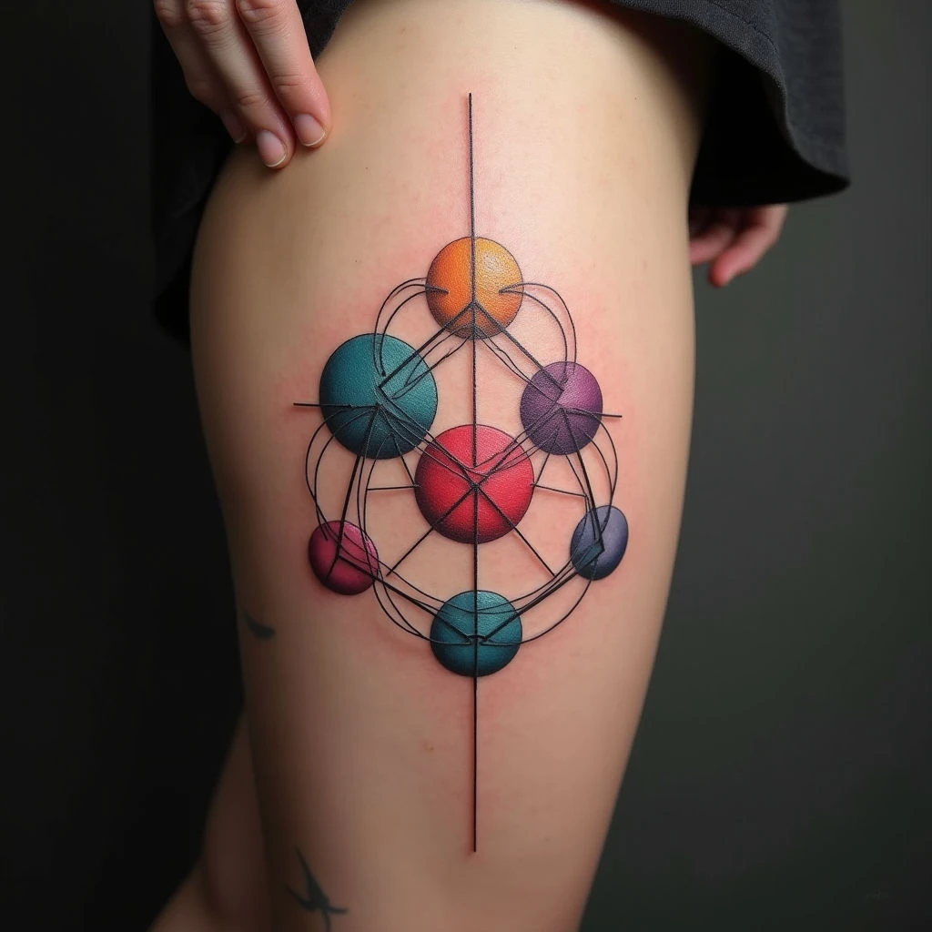 Vibrant Geometric Tattoo: Sacred Geometry on the Thigh