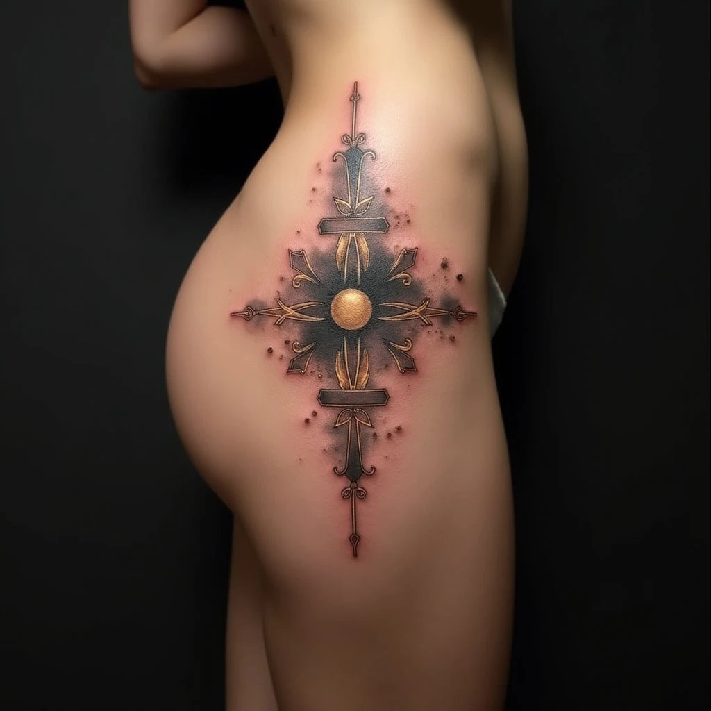 Bold Geometric Thigh Tattoos for Men in Watercolor Bronze