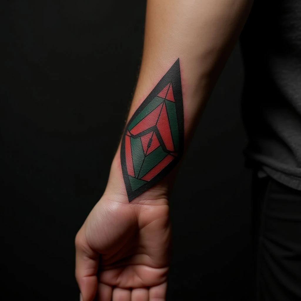 Geometric Wrist Cover-Up Tattoo Ideas in Black, Red & Green