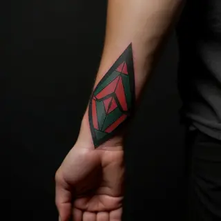 Geometric Wrist Cover-Up Tattoo Ideas in Black, Red & Green