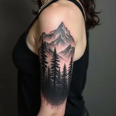 Dramatic Forest and Mountain Half Sleeve Tattoo