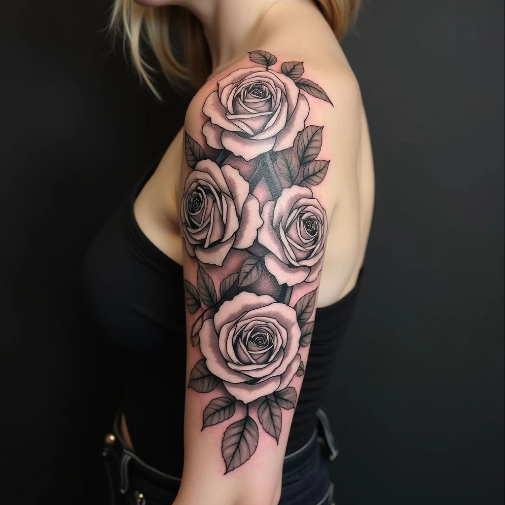 Dramatic Half Sleeve Rose Tattoo Design