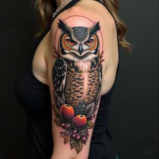 Botanical Owl Biomechanical Half Sleeve Tattoo Design